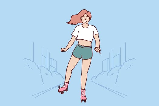Woman uses roller skates to ride around city and breathe fresh air on hot summer day. Young girl enjoys walk and moves through streets on roller skates to give up gasoline transport.