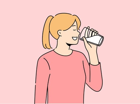 Smiling girl drinking milk from glass. Happy woman enjoy dairy product for calcium and nutrition organic diet. Vector illustration.