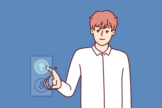 Man presses up button while riding in elevator for concept of ambitious striving for progress and career advancement. Ambitious guy wants to move up by getting new position or increasing income.