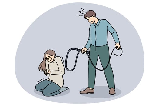 Authoritarian man punish scared unhappy wife crying suffering from domestic abuse. Husband tyrant threaten stressed upset woman. Violence and psychological pressure. Vector illustration.