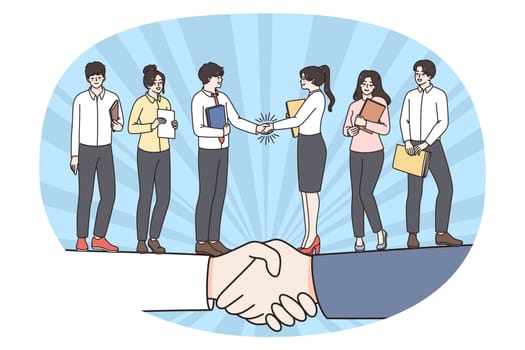 Businesspeople shake hands close agreement making deal with colleagues. Happy business partners or clients handshake after successful negotiations. Partnership. Vector illustration.