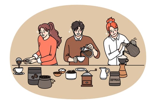 Diverse people making coffee in various ways. Men and women baristas prepare hot beverage in coffee machine. Alternative coffee preparation. Flat vector illustration.