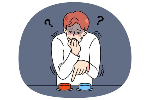 Distressed young man choose button to press feel confused and anxious. Stressed guy make choice between two options. Dilemma and alternative. Decision-making. Vector illustration.