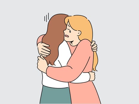 Supportive woman hug crying unhappy friends suffer from breakup or divorce. Caring female embrace support distressed upset girlfriend feeling down. Vector illustration.