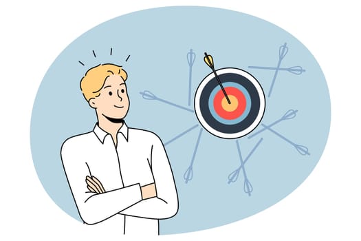 Happy young businessman hit target with arrow after several failure attempts. Concept of business success and goal achievement. Man employee reach aim. Flat vector illustration.