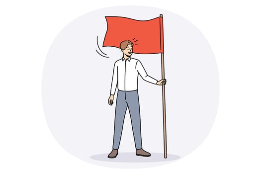 Happy young businessman hold flag demonstrate goal achievement. Smiling male employee or worker show leadership and motivation. Aim accomplishment and success. Vector illustration.