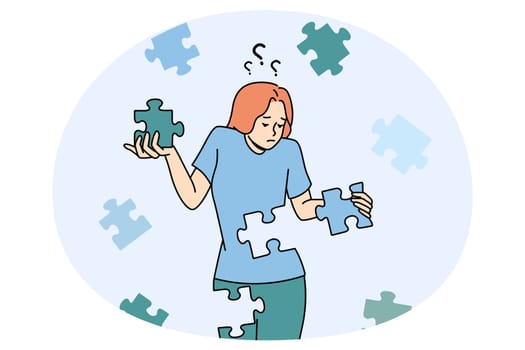 Confused young woman with jigsaw puzzles rebuild personality or identity. Frustrated unhappy girl recover from depression or mental psychological problems. Rehabilitation. Vector illustration.