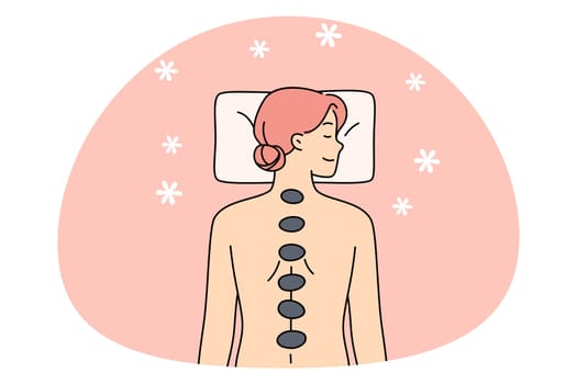 Calm young woman lying naked enjoy massage in spa saloon. Happy relaxed girl have body care stone therapy in wellness center or salon. Cosmetology and beauty. Flat vector illustration.