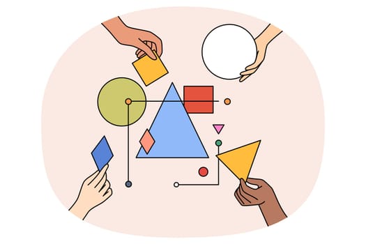 Multiethnic work team connect geometrical shapes and figures involved in teambuilding activity. Hands building system together. Partnership and teamwork concept. Vector illustration.