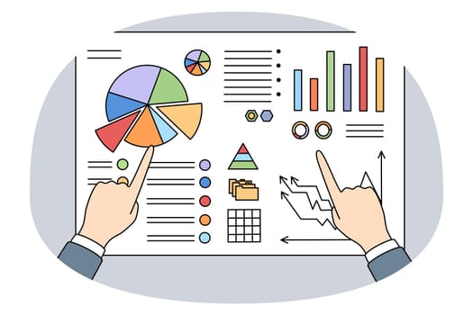 Close up of businessman and analyst hands point at graph and charts on board. Banker analyze growth and falls. Concept of analytical data and accounting. Finances and statistics. Vector illustration.
