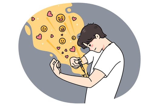 Young man inject likes and hearts with syringe. Concept of public approval and social media addiction. Acknowledgment and feedback dose. Mental problem. Flat vector illustration.