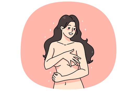 Happy young naked woman isolated on pink studio background cover body with hands. Smiling sexy millennial girl with no clothes on hide figure. Art and nudity. Vector illustration.