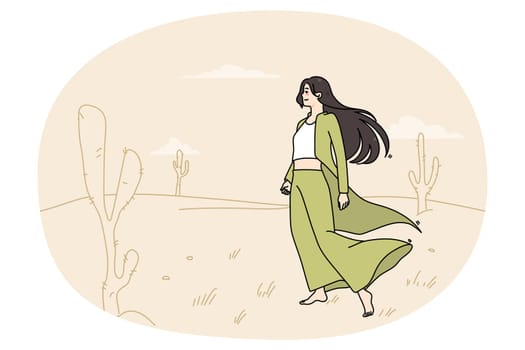 Young woman wandering desert. Millennial girl feel lost and lonely in sand wilderness area. Concept of boring and monotonous life. Flat vector illustration.