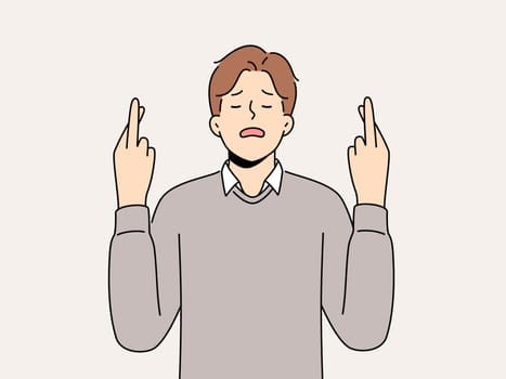 Hopeful man with finger crossed desire good fate and future. Male make gesture hope for better choices, ask god for good luck. Faith and superstition. Vector illustration.