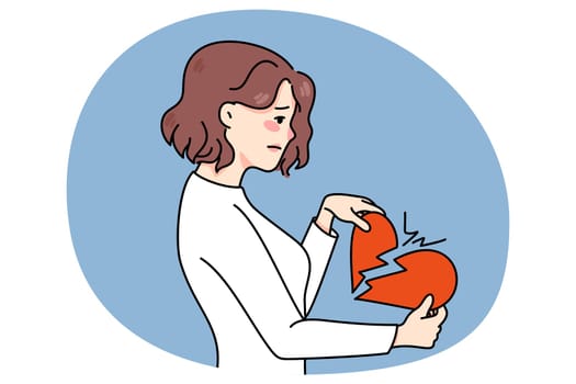 Unhappy woman hold breaking heart suffer from relationship breakup or separation. Upset distressed girl struggle with split or divorce. Heartbroken person. Flat vector illustration.