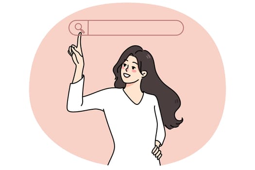 Smiling woman use search page on computer touchscreen seek for information. Businesswoman look for data online with web searching browsing line. Copy space. Vector illustration.