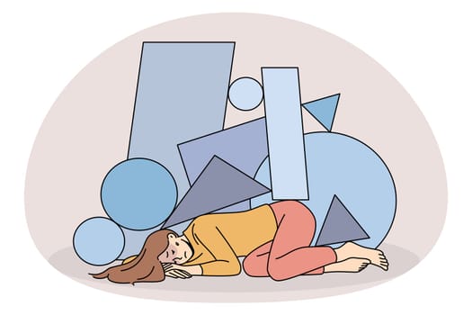 Unhappy stressed young woman immobile under life troubles burden. Upset girl distressed with psychological or mental problems. Depression and stress concept. Vector illustration.