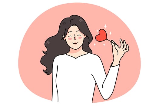 Smiling millennial girl with heart on stick celebrate valentine day. Happy young Caucasian woman spread share love and affection. Relationship and romance in air. Vector illustration.