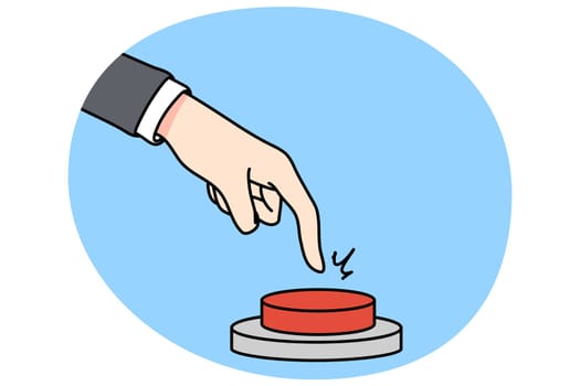 Businessman hand ready to press red warning button. Man employee hand activate business project or launch startup. Activation concept. Flat vector illustration.