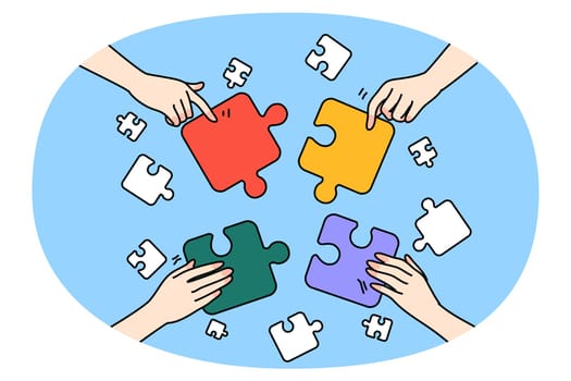 Close up of diverse people hands connect jigsaw involved in teambuilding activity together. Businesspeople or employees join puzzles participate in game. Teamwork. Vector illustration.