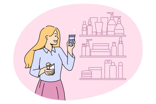 Smiling girl choose beauty product tube from shelf in store. Happy young woman buy cosmetic bottle or perfume from cosmetology store. Skincare and facial treatment. Vector illustration.