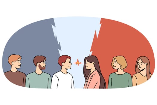 Angry men and women look in eyes stand opposite. Determined mad male and female rivals or competitors oppose. Concept of gender confrontation and opposition. Vector illustration.