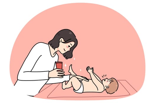 Loving mom moisturize newborn child body with cream changing diaper at home. Caring mother use lotion for newborn kid. Concept of children skincare and treatment. Vector illustration.