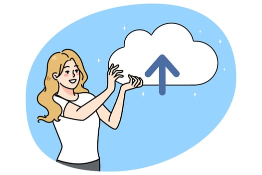 Smiling woman hold cloud with arrow face up send files online. Happy female use web storage services for saving and transferring files and data. Information upload and download. Vector illustration.