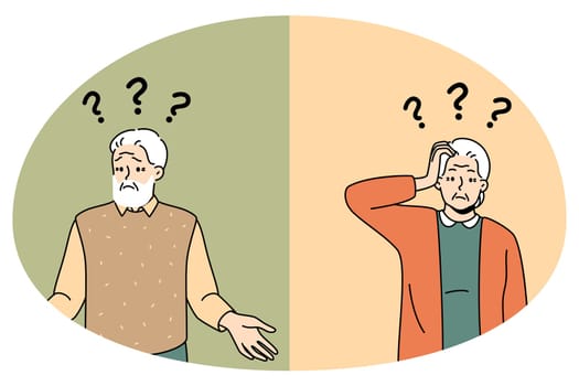 Unhappy old man and woman with question marks above head suffer from Alzheimer disease. Confused mature grandparents frustrated struggle with dementia. Brain problem. Vector illustration.