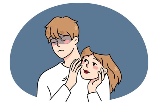 Young man holding woman mask suffer from gender determination problem. Transgender male person think of change to female. Non-binary and queer concept. Vector illustration.