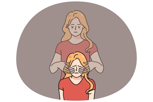 Unhappy young woman feel stressed have her ghost twin cover eyes with hands. Upset girl struggle with depression or reality denial. Concept of self-deception. Flat vector illustration.