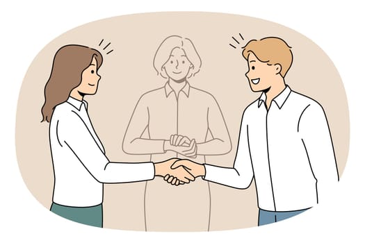 Business partners shake hands find solution with help of mediator. Happy employees or colleagues come to agreement resolve problem with impartial arbitration. Vector illustration.