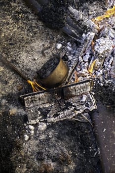Detail of wood burning with fire and flames, destruction