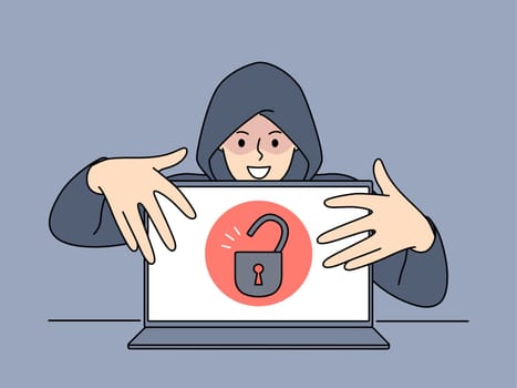 Hacker in hood touching open laptop with padlock symbol on screen steal secure information. Concept of cybersecurity and password and data leakage. Vector illustration.