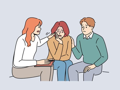 People sit in circle share problems in group therapy. Participants comfort support unhappy crying woman at counseling session. Vector illustration.