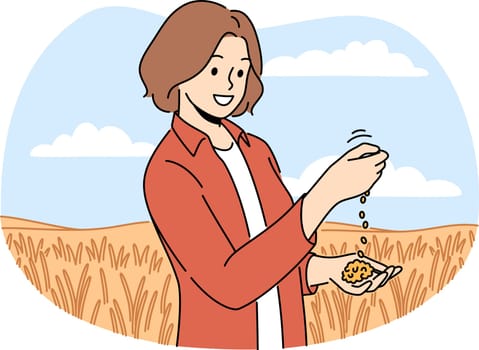 Female farmer inspect crop in agriculture field. Agronomist look at harvest soybeans in plantation. Farming and agronomy. Vector illustration.