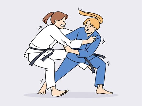 Women in karate kimonos fighting on ring. Female athletes in uniform involved in martial arts. Sport and competition. Vector illustration.