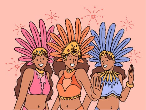 Women in colorful costumes dancing on carnival. Smiling girls in traditional clothes have fun enjoy festival or masquerade. Vector illustration.