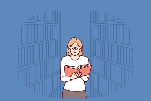 Woman is reading book in library, standing among shelves with textbooks and looking for right encyclopedia. Girl with book works as librarian or is visitor to bookstore and is fond of secondhand books
