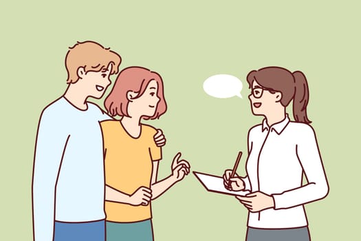 Couple takes social survey answering interviewer questions and evaluating quality of services provided. Woman conducts social research by interviewing passers-by and writing data in notebook.