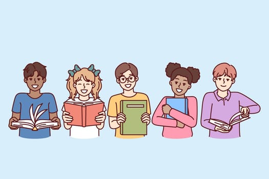 Little diverse kids with books smile and look at screen for happy childhood concept. Children boys and girls, elementary school students read textbooks given by teacher for extracurricular education