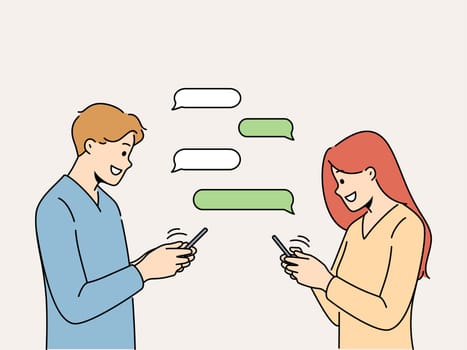 Smiling man and woman chatting online on social media on speech bubbles. Happy couple message on internet on cellphones. Dating and flirting on web. Vector illustration.