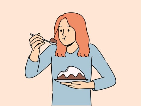 Woman eating cake feeling guilty. Frustrated girl cheat on diet enjoy sweet dessert. Concept of nutrition and guilty pleasure. Vector illustration.