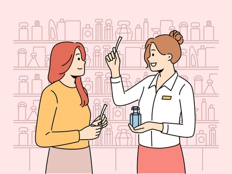 Woman client buying perfume in beauty shop. Consultant help girl customer with cosmetics purchase in store or boutique. Vector illustration.