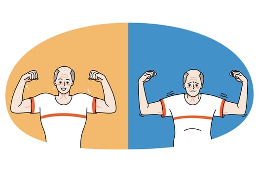 Old man before and after sport and physical activity. Weak and strong senior grandfather life change. Male pensioners show good results of exercise and workouts. Vector illustration.