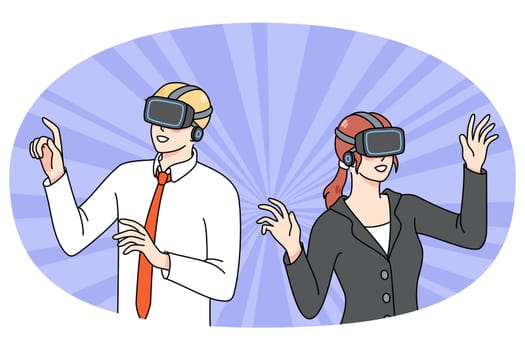 Diverse businesspeople in VR glasses explore new reality surroundings. Man and woman employees in virtual reality headsets use modern technologies at work. Flat vector illustration.
