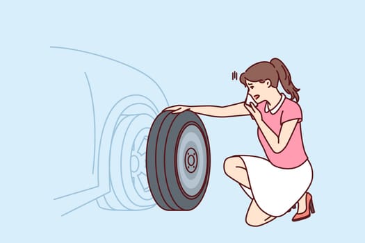 Woman looks at punctured car tire trying to call for help to change tire or haul automobile to garage. Girl near car parked on roadside needs emergency help for concept of breakdown on road