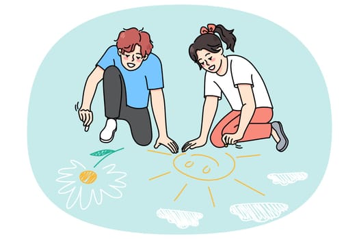 Happy teen kids have fun drawing on asphalt colorful pictures with chalk. Smiling funny little children relax play together outdoors. Joyful childhood. Flat vector illustration.