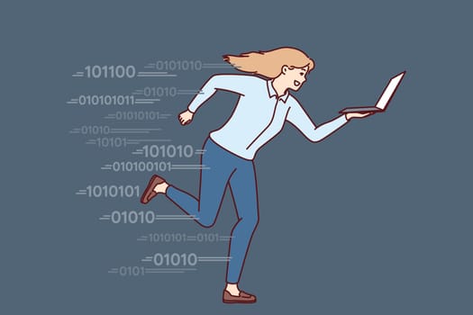 Running woman with laptop symbolizes ambition and pursuit of success in business and corporate careers. Businesswoman using laptop running symbolizing high speed 5g internet and fast job completion