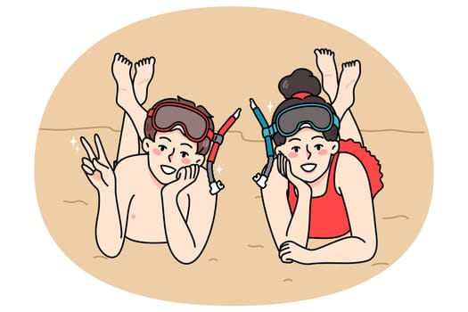 Portrait of smiling small children in snorkeling mask lying relaxing on beach enjoy summer vacation. Happy teen kids rest during summertime sea holidays. Travel and tourism. Vector illustration.
